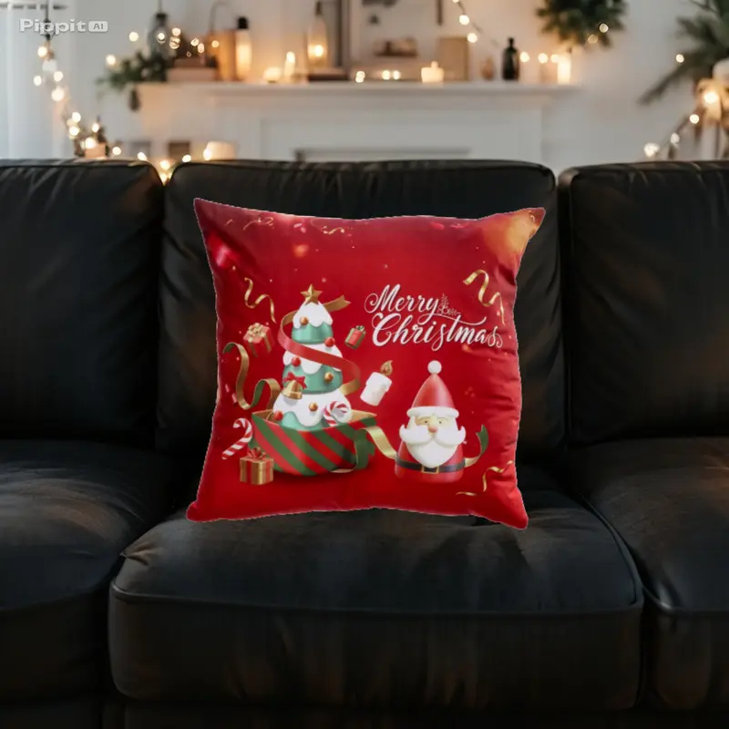 Cuscino in Tessuto Natale - Decori Babbo Natale e Albero di Natale 45x45 cm - Rosso - Bianco