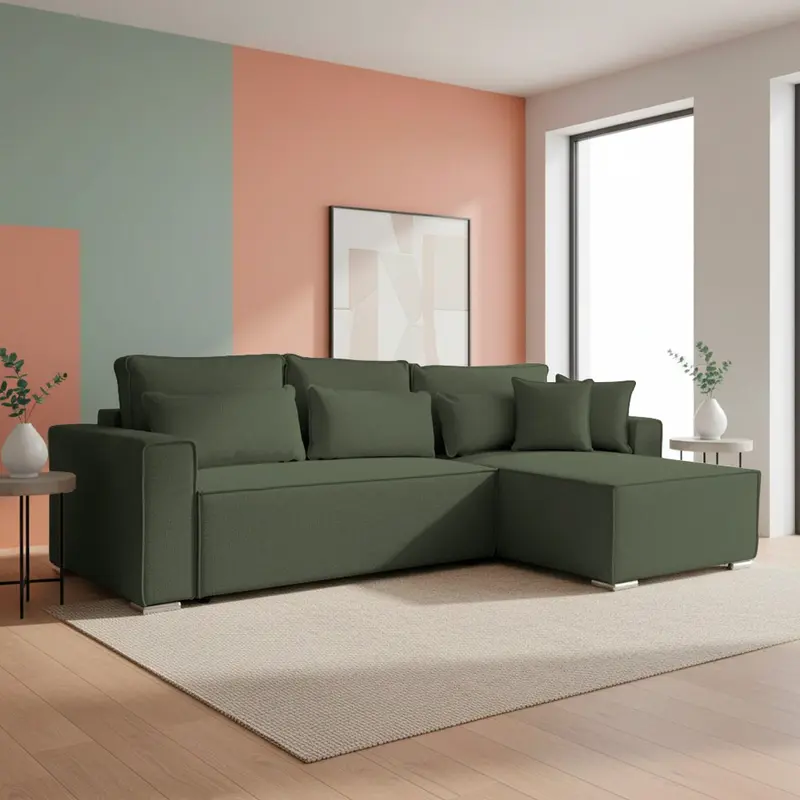 Divano angolare Emily con funzione letto con contenitore e penisola reversibile cuscini decorativi in Aragon 39 verde oliva