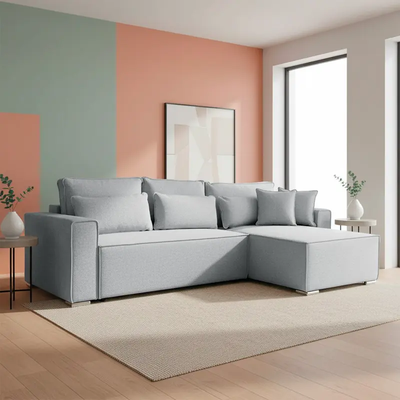 Divano angolare Emily con funzione letto con contenitore e penisola reversibile cuscini decorativi in Neve 80 grigio scuro