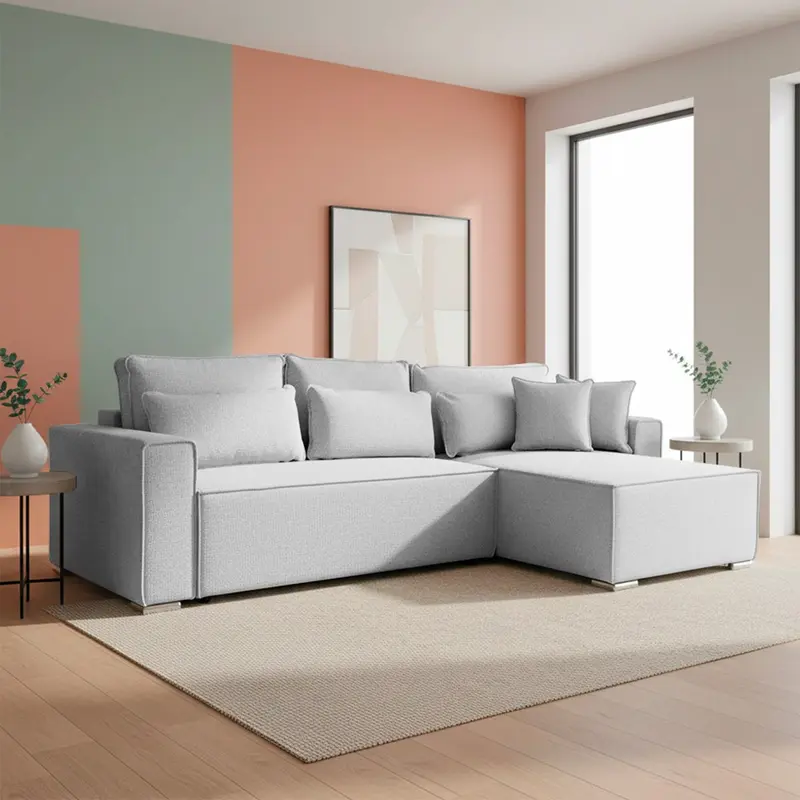 Divano angolare Emily con funzione letto easy open con contenitore e penisola reversibile cuscini decorativi in Aragon 80 grigio