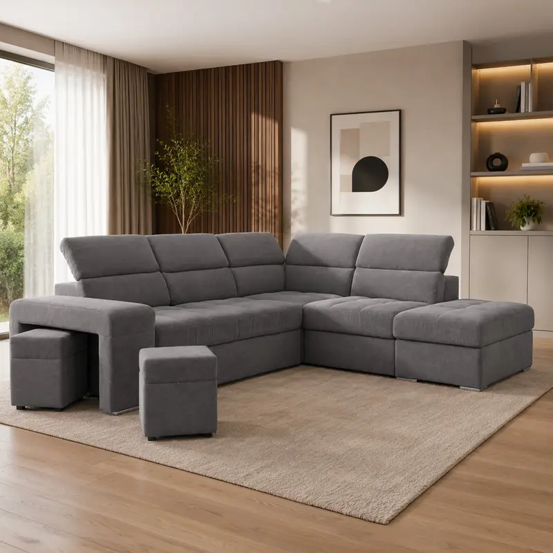 Divano angolare reversibile Positano con 5 poggiatesta regolabili e 2 pouf indipendenti in Barrel 90 grigio
