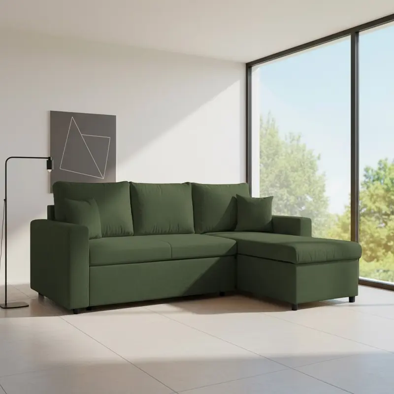 Divano con penisola contenitore reversibile Golf e letto estraibile in tessuto Verita 34 verde muschio