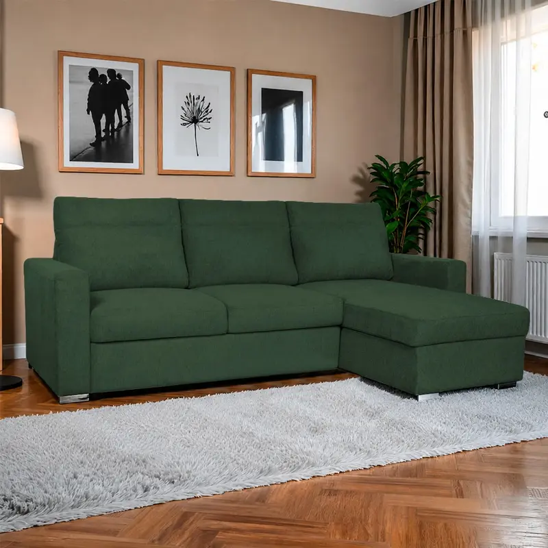 Divano con penisola Elba con letto estraibile e penisola contenitore reversibile in tessuto Neve 39 verde muschio