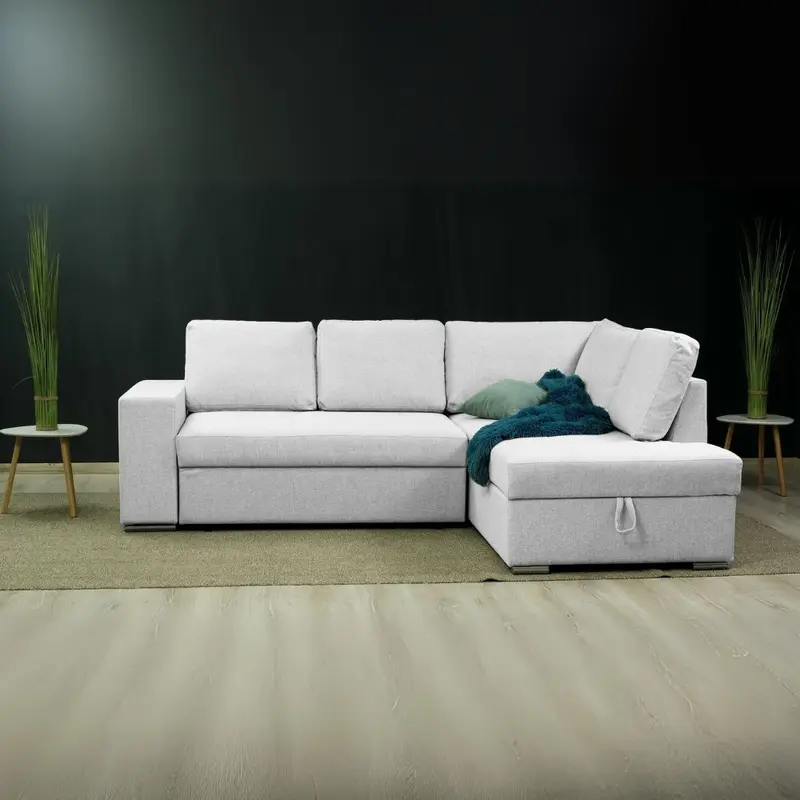 Divano letto angolare Bali con penisola contenitore destra in tessuto Neve 80 light grey