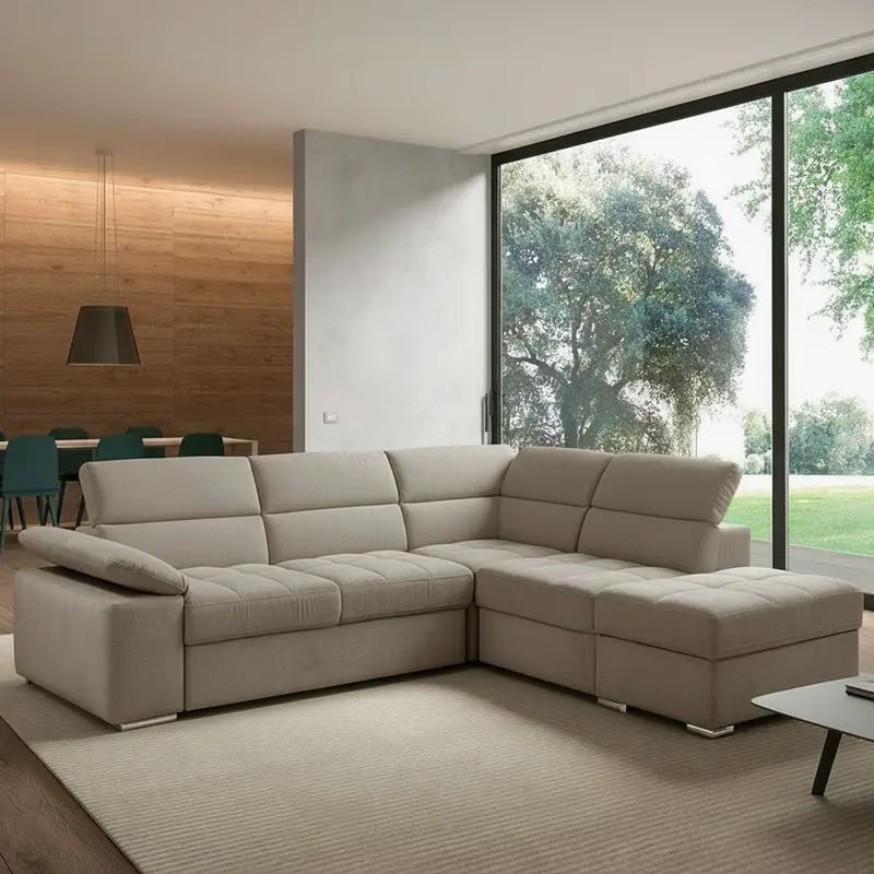 Divano letto angolare Capri reversibile con 5 poggiatesta regolabili e pouf indipendente in Aragon 20 tortora