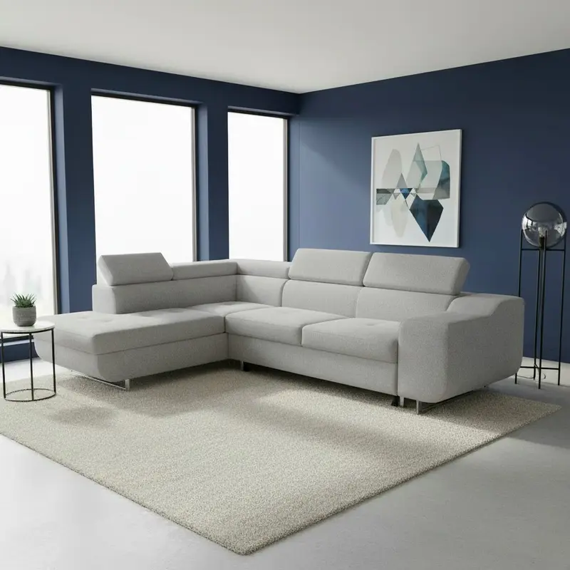 Divano letto angolare Casablanca con penisola contenitore sinistra in tessuto Aragon 80 grigio chiaro
