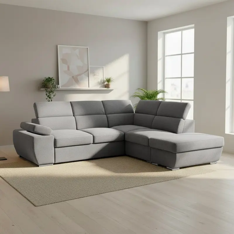 Divano letto angolare destro Arizona con poggiatesta e bracciolo regolabili con pouf contenitore in tessuto Giulia 9713 grigio