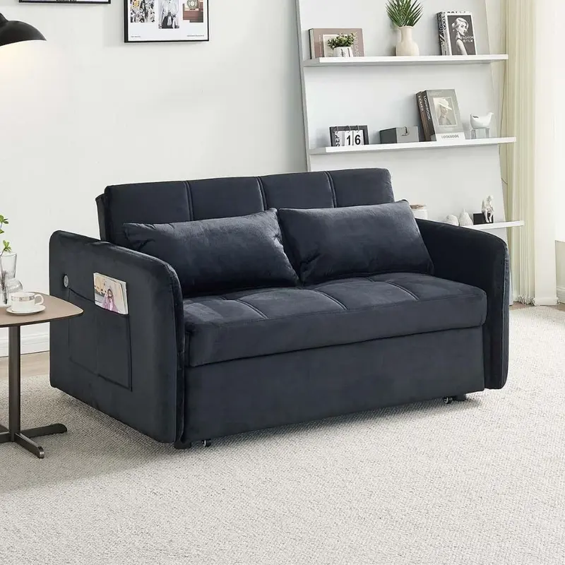 Divano letto Clorene in velluto nero con tasche e presa USB laterale