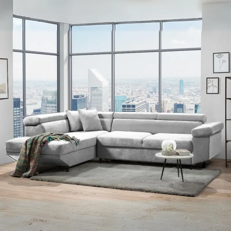Divano letto Denver con penisola contenitore sinistra in Ronda 80 grigio chiaro