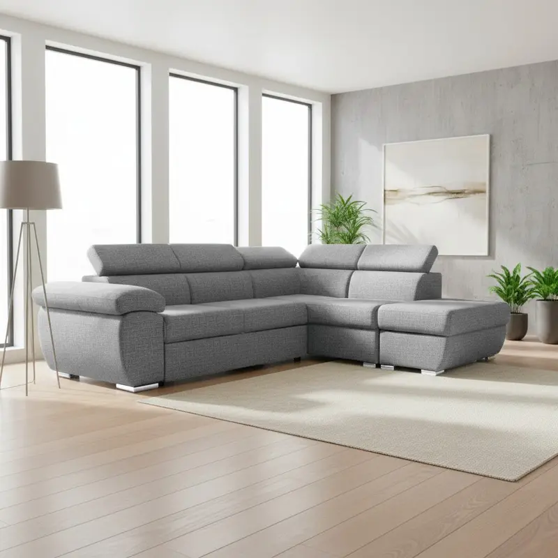 Divano letto Fiona angolare con penisola destra e pouf contenitore in tessuto Aragon 83 grigio