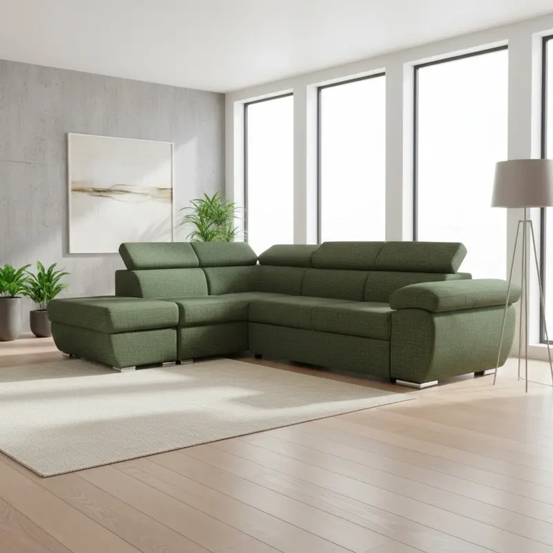 Divano letto Fiona angolare con penisola sinistra e pouf contenitore in tessuto Aragon 39 verde oliva