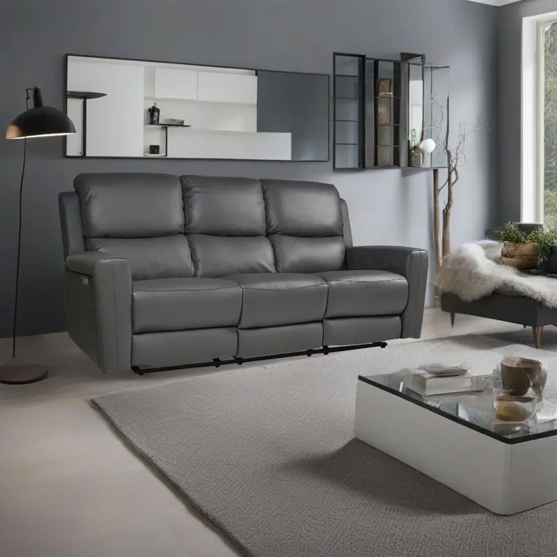 Divano recliner elettrici Claus 3 posti in vera pelle colore grigio scuro