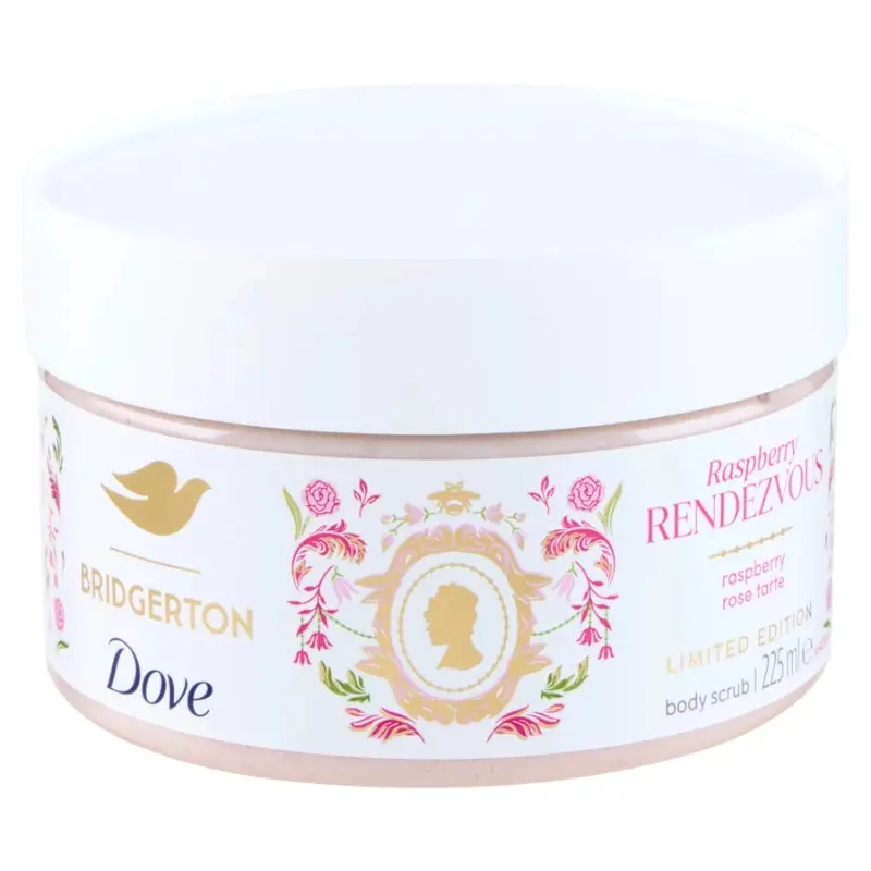 DOVE BODY SCRUB 225ML BRIDGERTON LIMITED EDITION RASPBERRY RENDEZVOUS RASPBERRY ROSE TARTE
