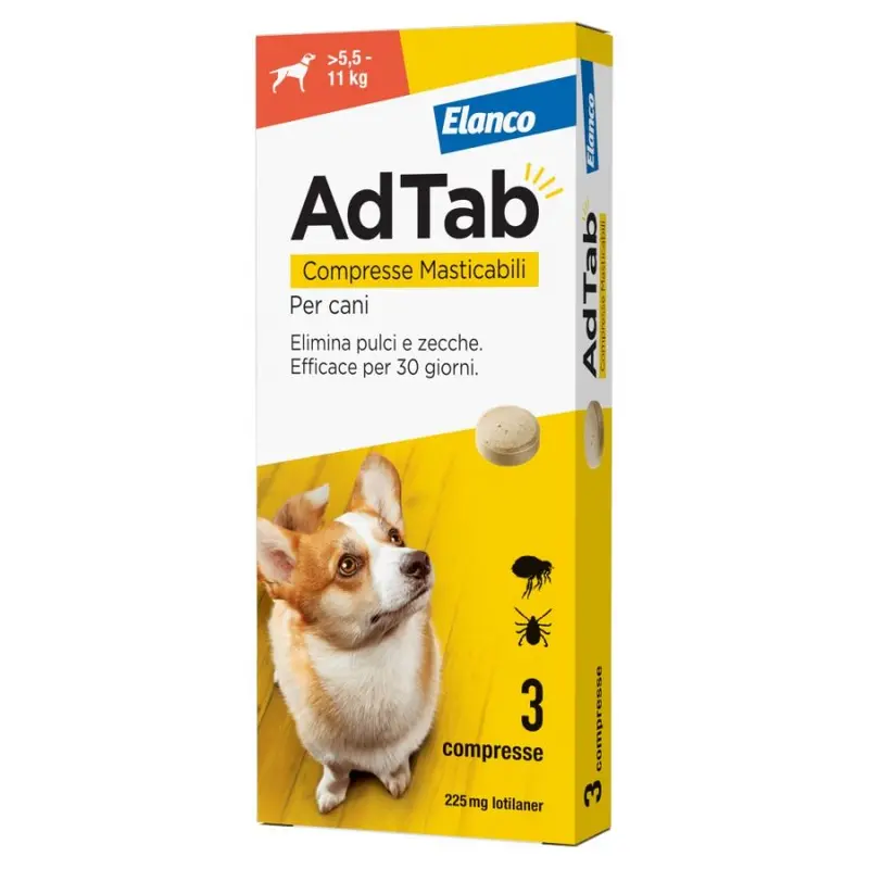 ELANCO ADTAB 3 COMPRESSE MASTICABILI PER CANI 225MG >5,5-11KG ELIMINA PULCI E ZECCHE
