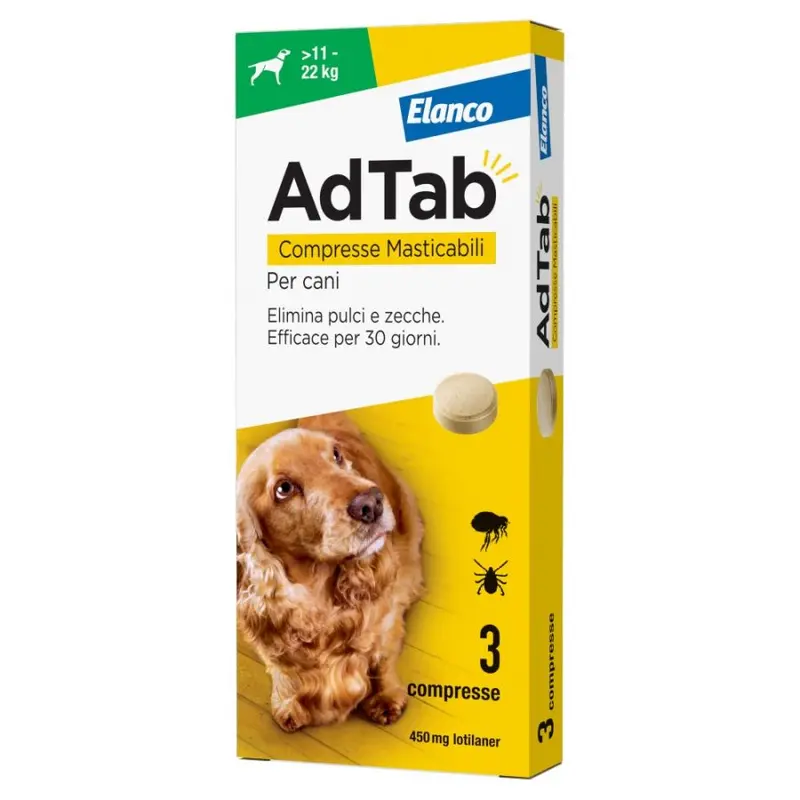 ELANCO ADTAB 3 COMPRESSE MASTICABILI PER CANI 450MG >11-22KG ELIMINA PULCI E ZECCHE