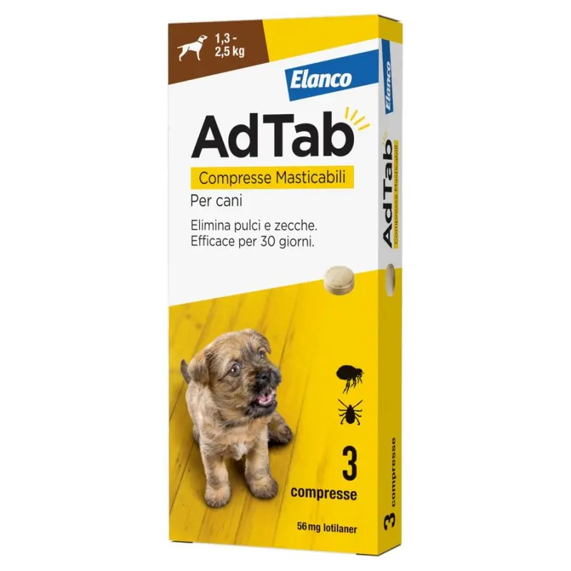 ELANCO ADTAB 3 COMPRESSE MASTICABILI PER CANI 56MG 1,3-2,5KG ELIMINA PULCI E ZECCHE
