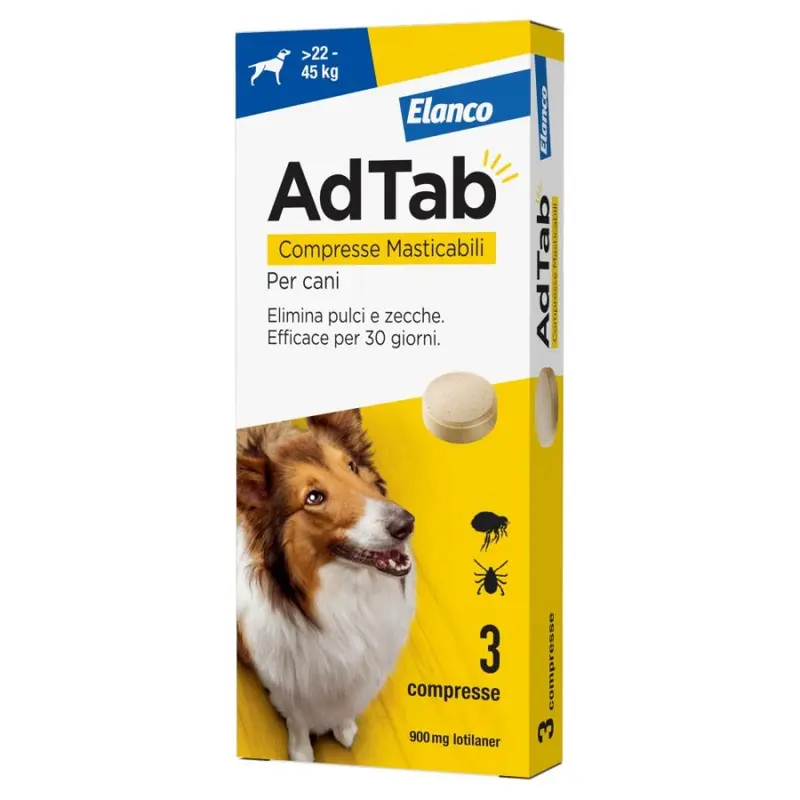 ELANCO ADTAB 3 COMPRESSE MASTICABILI PER CANI 900MG >22-45KG ELIMINA PULCI E ZECCHE