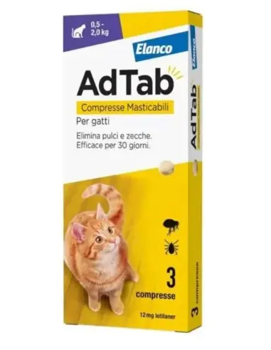 ELANCO ADTAB 3 COMPRESSE MASTICABILI PER GATTI 12MG 0,5-2,0KG ELIMINA PULCI E ZECCHE