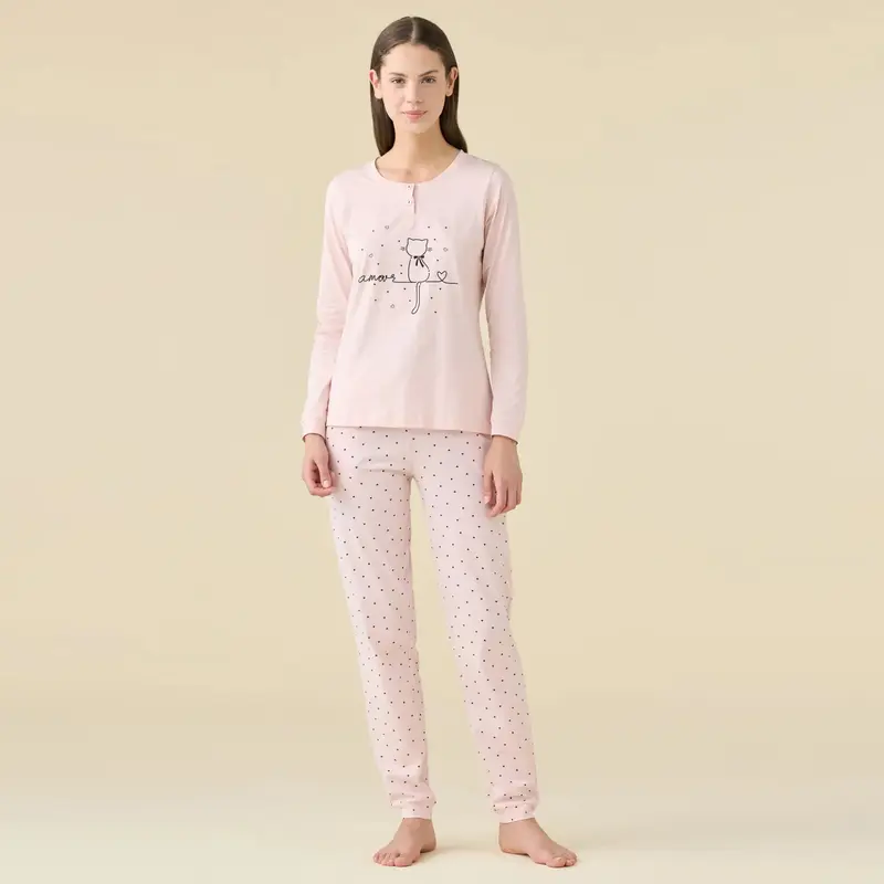 FA9464AB - Pigiama donna manica lunga con collo a due bottoni