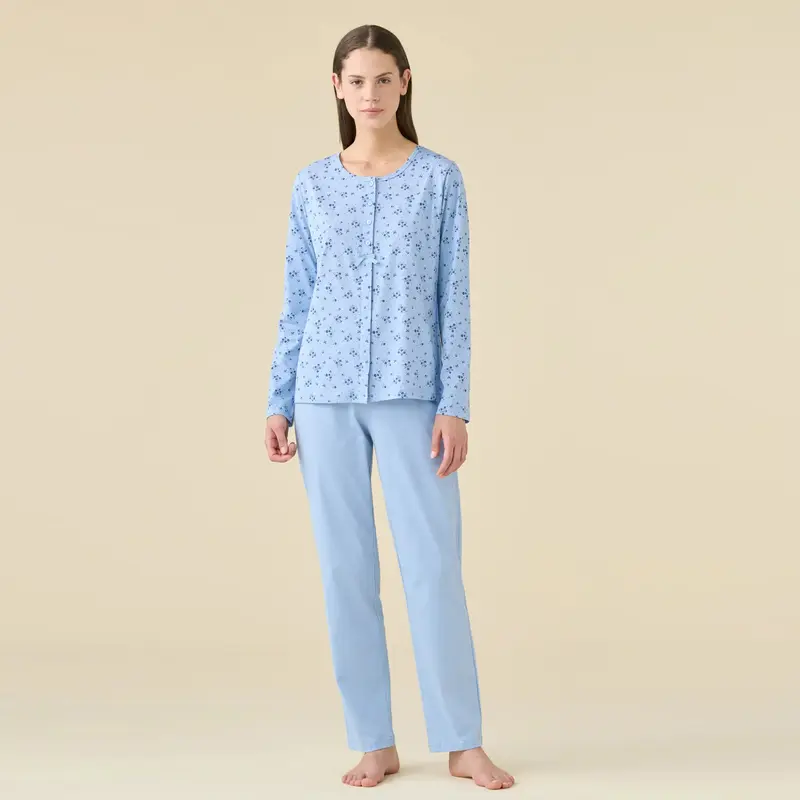 FA9490AB - Pigiama donna estivo manica lunga aperto sul davanti