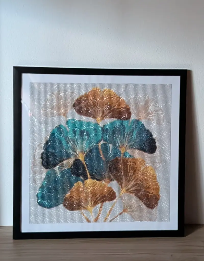 Foglie di Ginkgo Biloba oro e turchese con cornice nera