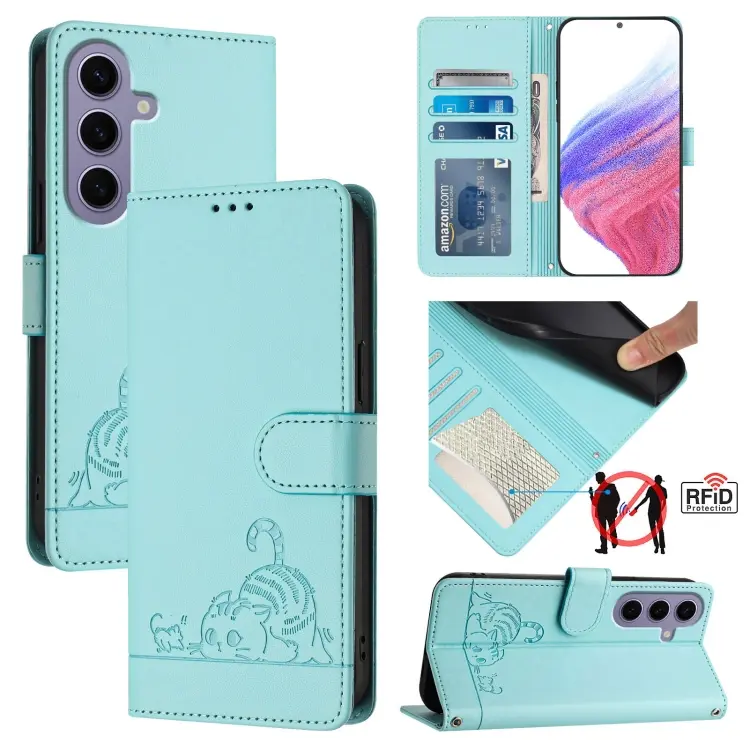 For Samsung Galax S24 5G Cat Rat Embossed Pattern RFID PU Phone Case with Wrist Strap(Mint Green)
