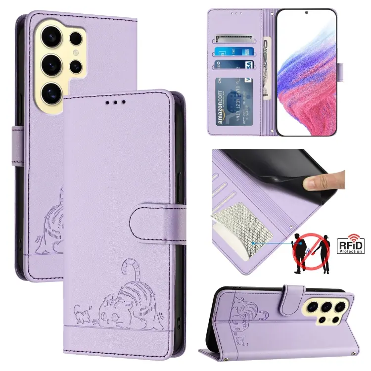 For Samsung Galax S24 Ultra 5G Cat Rat Embossed Pattern RFID PU Phone Case with Wrist Strap(Purple)