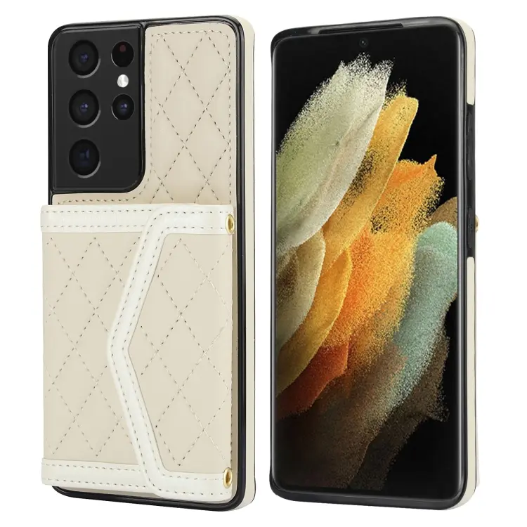 For Samsung Galaxy S21 Ultra 5G Splicing Rhombic Texture Card Bag Phone Case with Long Lanyard(Beige)