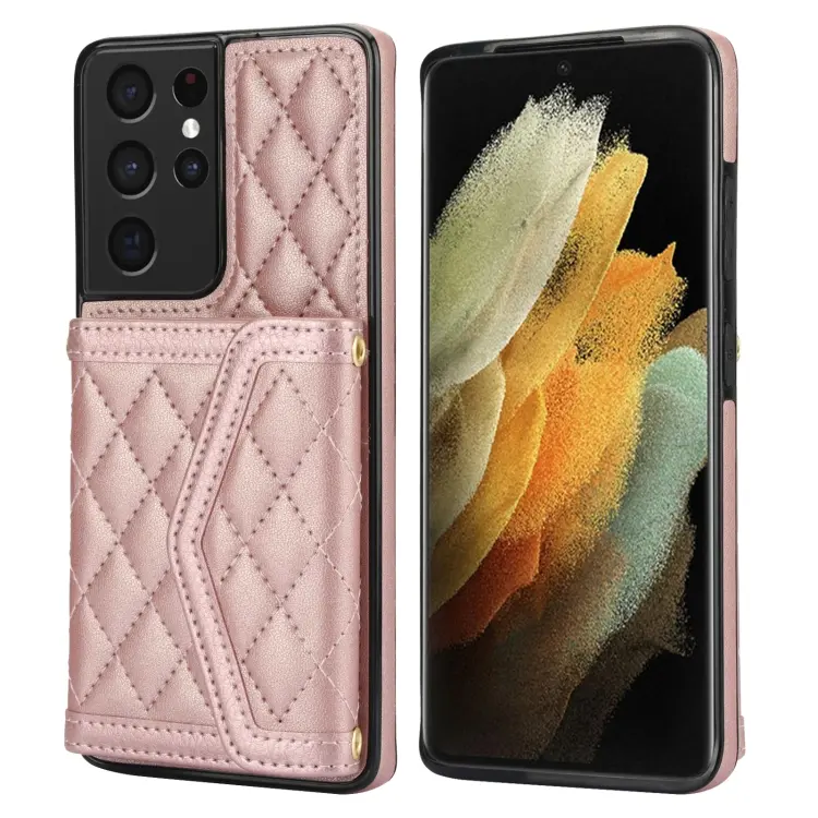 For Samsung Galaxy S21 Ultra 5G Splicing Rhombic Texture Card Bag Phone Case with Long Lanyard(Rose Gold)