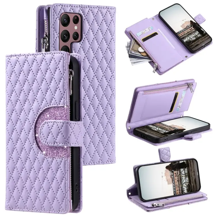 For Samsung Galaxy S22 Ultra 5G Glitter Lattice Zipper Wallet Leather Phone Case(Purple)