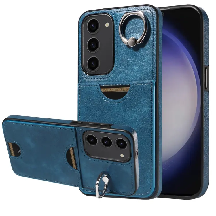For Samsung Galaxy S23+ 5G Calf Texture Card Slot Ring Holder Phone Case(Blue)