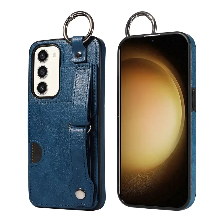 For Samsung Galaxy S23+ 5G Calf Texture Wrist Card Slot Ring Phone Case(Blue)