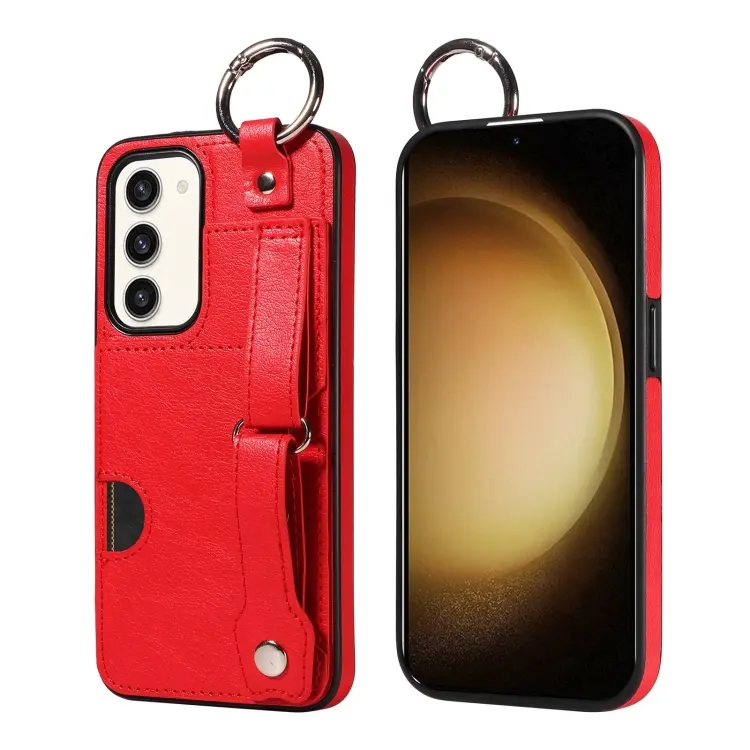 For Samsung Galaxy S23+ 5G Calf Texture Wrist Card Slot Ring Phone Case(Red)