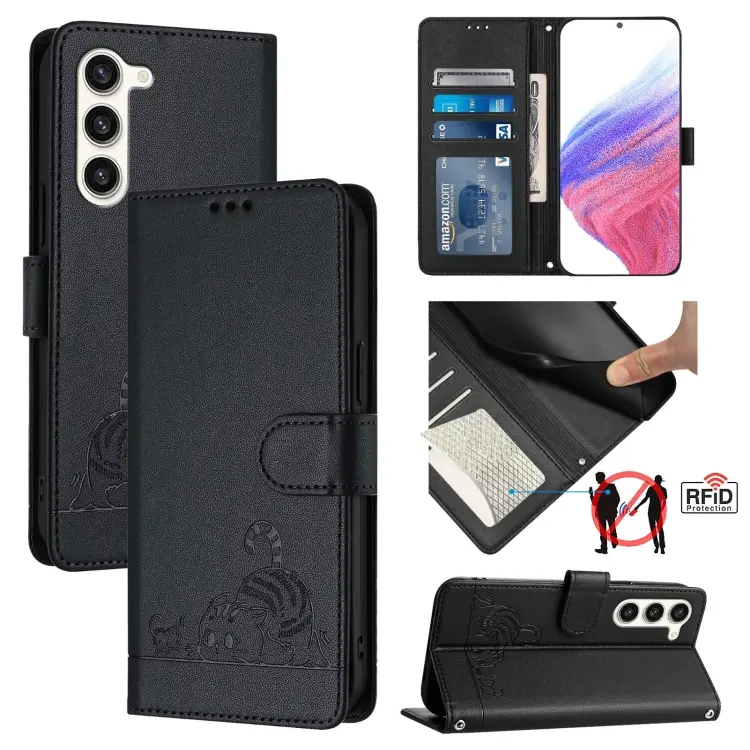 For Samsung Galaxy S23+ 5G Cat Rat Embossed Pattern RFID Leather Phone Case with Lanyard(Black)