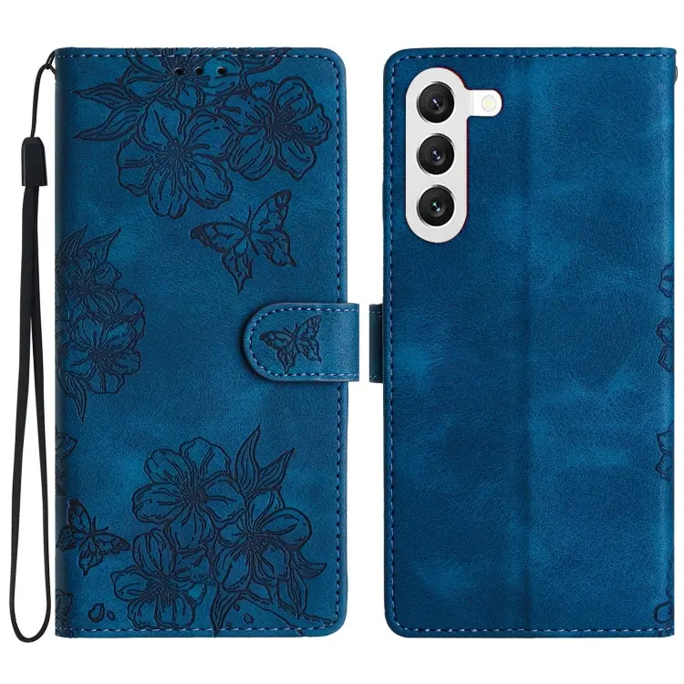 For Samsung Galaxy S23+ 5G Cherry Blossom Butterfly Skin Feel Embossed PU Phone Case(Blue)