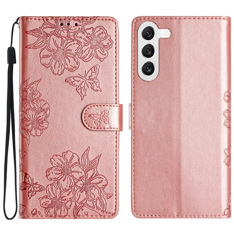 For Samsung Galaxy S23+ 5G Cherry Blossom Butterfly Skin Feel Embossed PU Phone Case(Rose Gold)