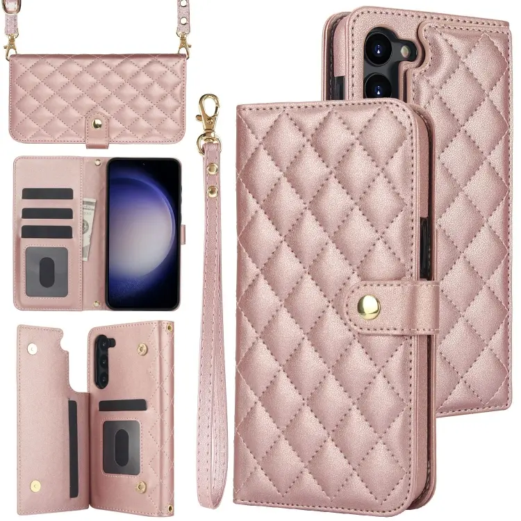 For Samsung Galaxy S23+ 5G Crossbody Multifunction Rhombic Leather Phone Case(Rose Gold)