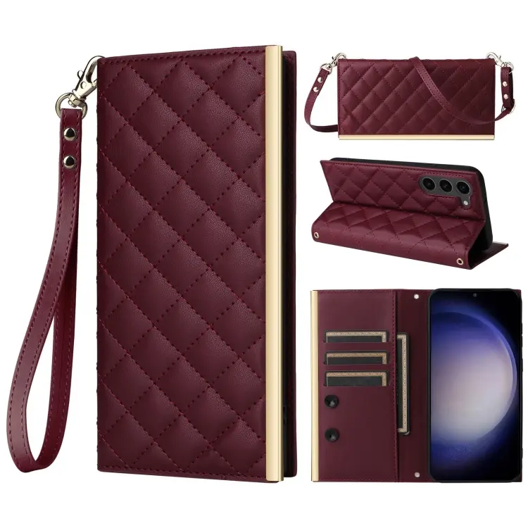 For Samsung Galaxy S23+ 5G Crossbody Rhombic Sucker Leather Phone Case(Claret)