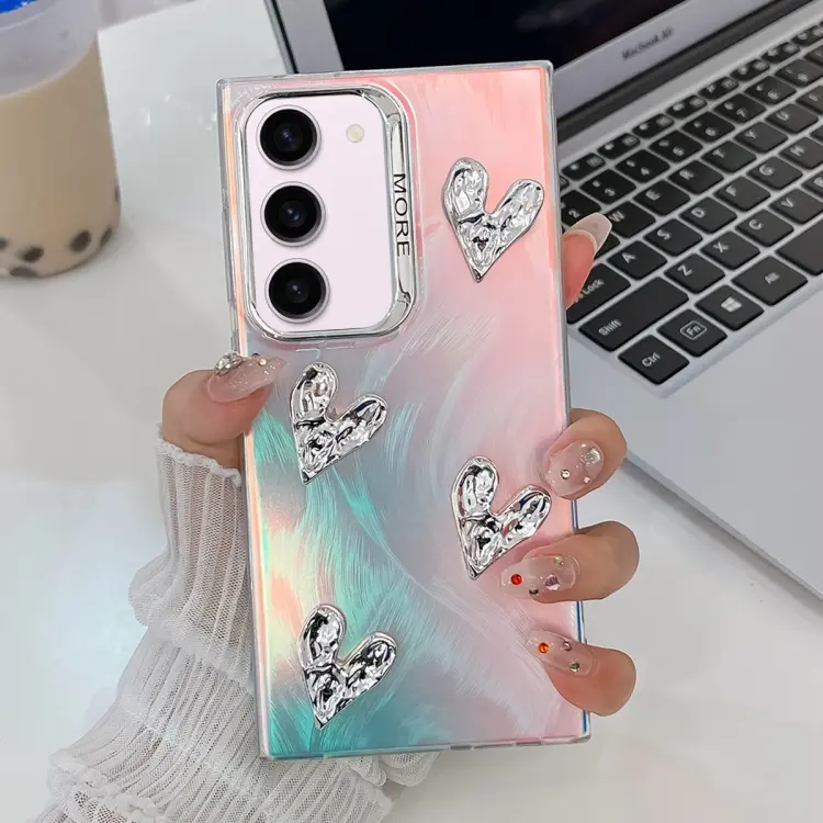 For Samsung Galaxy S23+ 5G Electroplating 4-Heart Laser Texture TPU Phone Case(Feather Yarn)