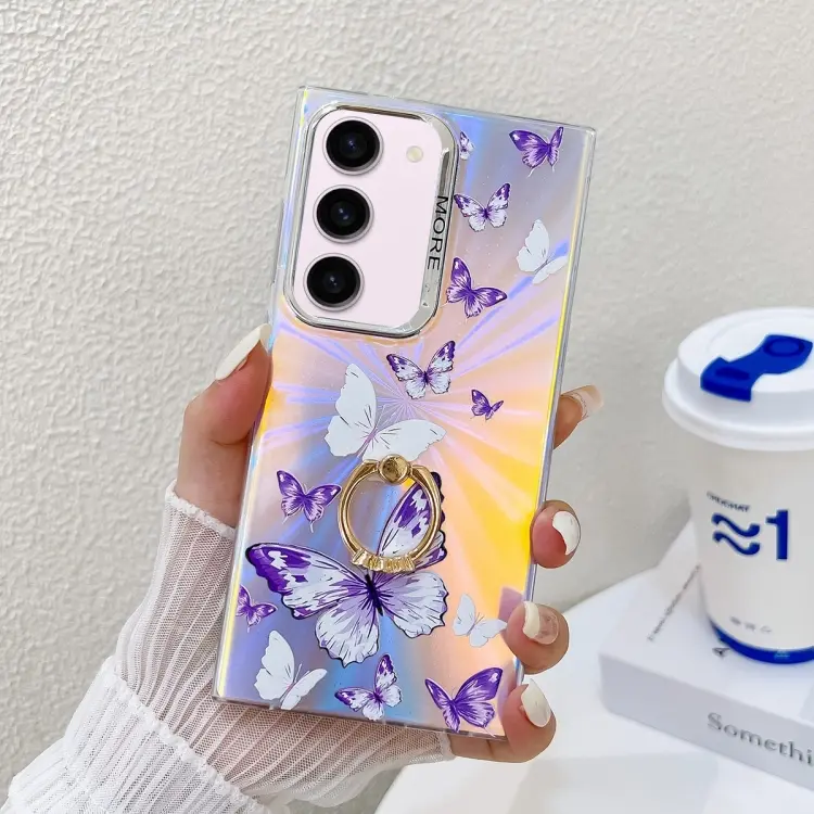 For Samsung Galaxy S23+ 5G Electroplating Laser Butterfly Ring Holder Phone Case(White Purple Butterflies AB6)