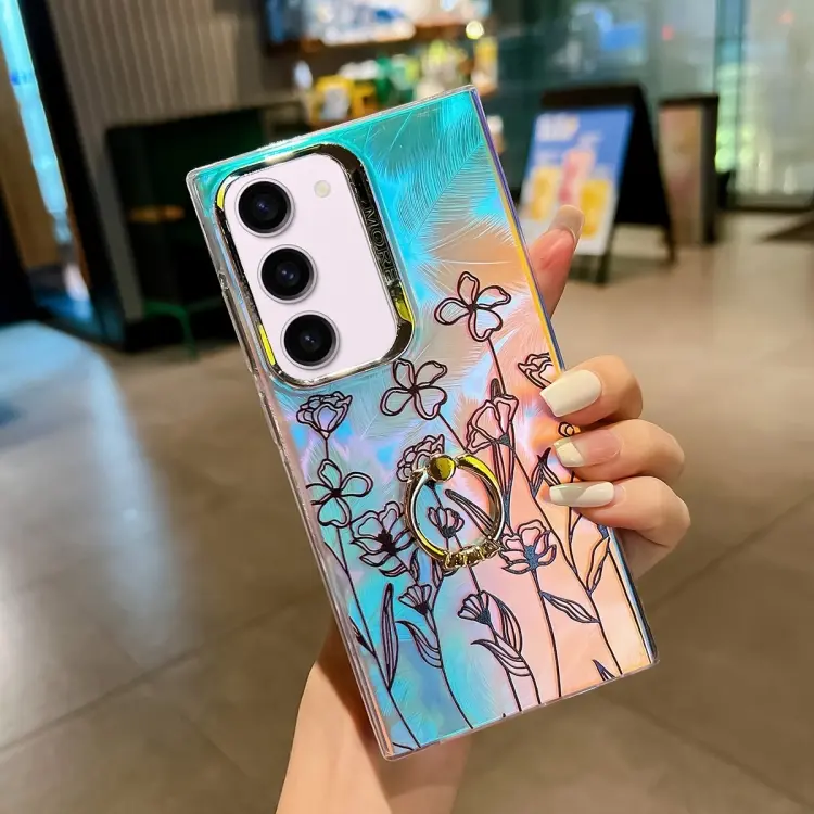 For Samsung Galaxy S23+ 5G Electroplating Laser Flower Ring Holder TPU Phone Case(Drawn Flowers AH3)