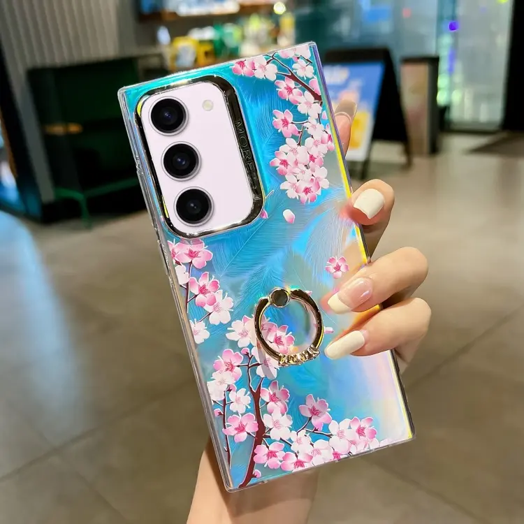 For Samsung Galaxy S23+ 5G Electroplating Laser Flower Ring Holder TPU Phone Case(Peach Blossom AH4)