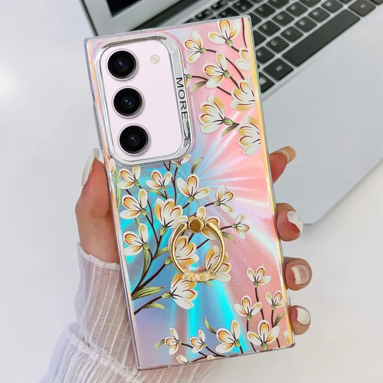 For Samsung Galaxy S23+ 5G Electroplating Laser Flower Ring Holder TPU Phone Case(Pear Blossom AH17)