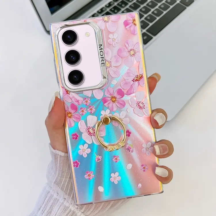 For Samsung Galaxy S23+ 5G Electroplating Laser Flower Ring Holder TPU Phone Case(Pink Flower AH13)