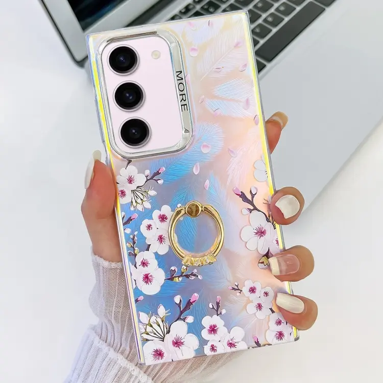 For Samsung Galaxy S23+ 5G Electroplating Laser Flower Ring Holder TPU Phone Case(Plum Blossom AH18)