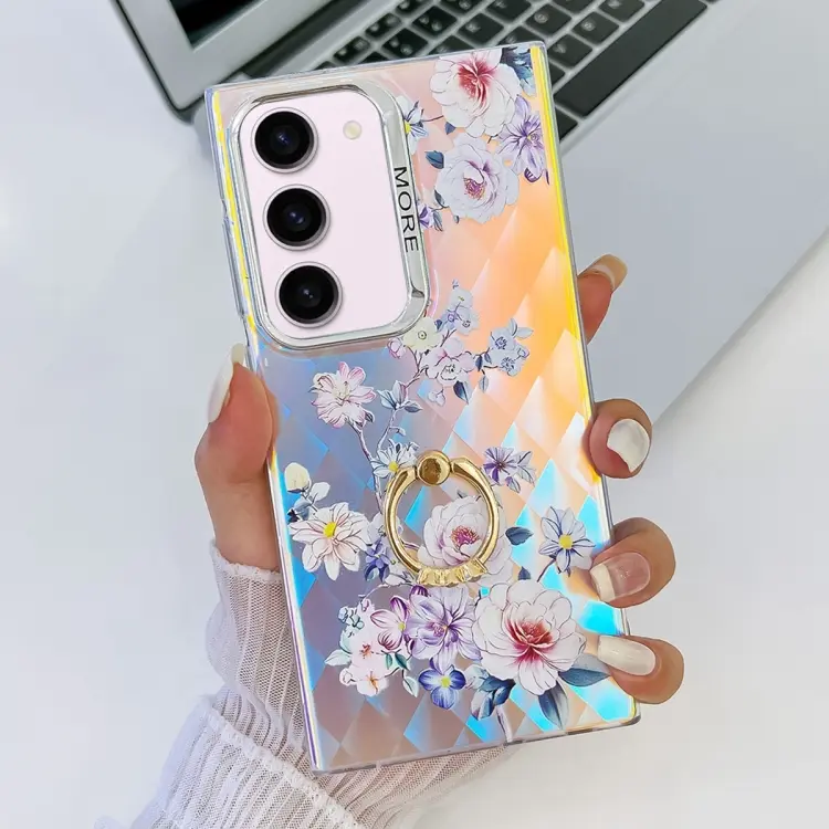 For Samsung Galaxy S23+ 5G Electroplating Laser Flower Ring Holder TPU Phone Case(Rose AH15)