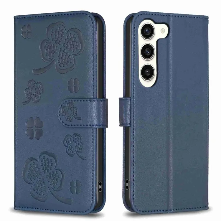 For Samsung Galaxy S23+ 5G Four-leaf Embossed Leather Phone Case(Blue)