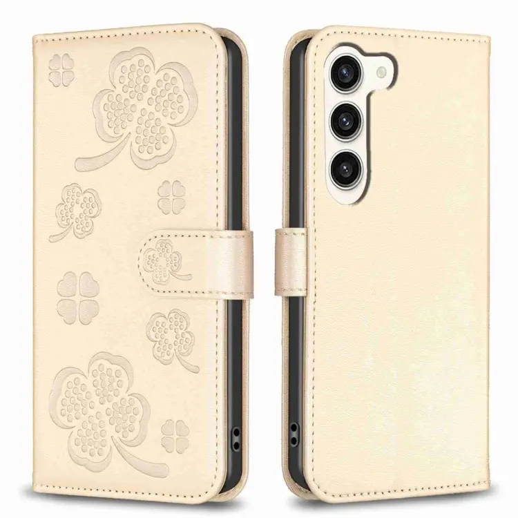 For Samsung Galaxy S23+ 5G Four-leaf Embossed Leather Phone Case(Gold)