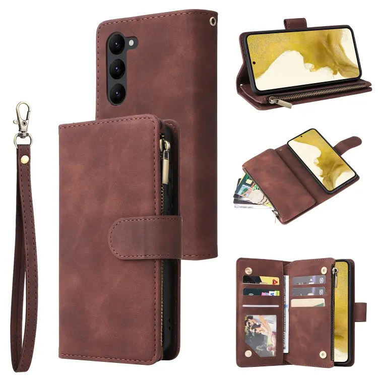 For Samsung Galaxy S23+ 5G Multifunctional Frosted Zipper Wallet Leather Phone Case(Coffee)