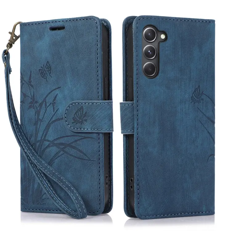For Samsung Galaxy S23+ 5G Orchid Butterfly Embossed Leather Phone Case(Blue)
